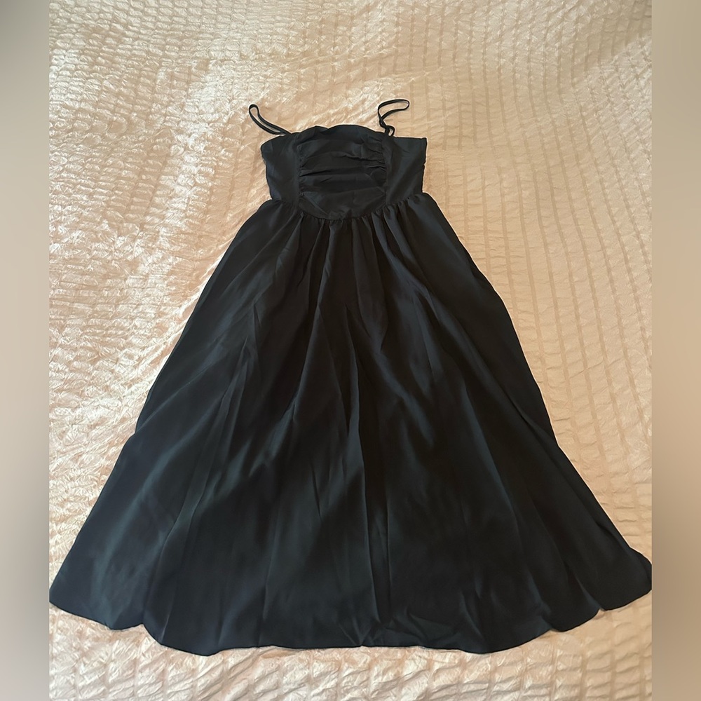 Black Adjustable Spaghetti Strap Calf length Dress- Gather Detail On Front NWT